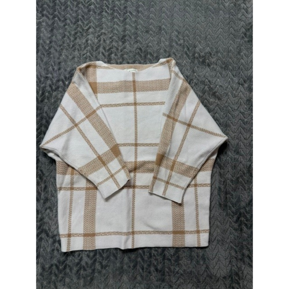 Adrienne Vittadini Womens Tan Cream Plaid Boat Neck Dolman Sleeve Sweater M 0600
